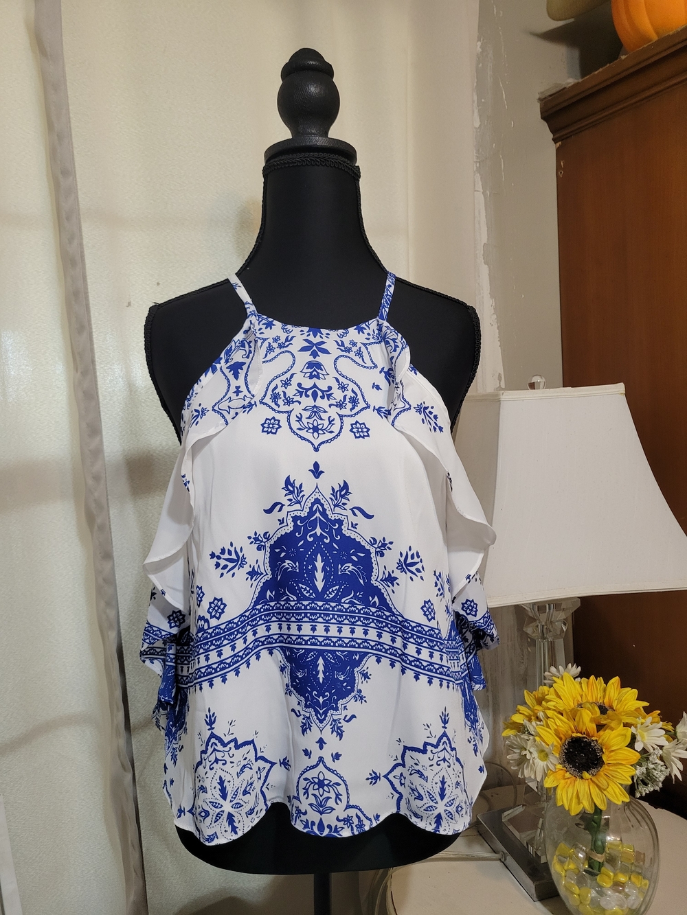 Lovers + Friends White Halter Top with Blue Ornamental Print